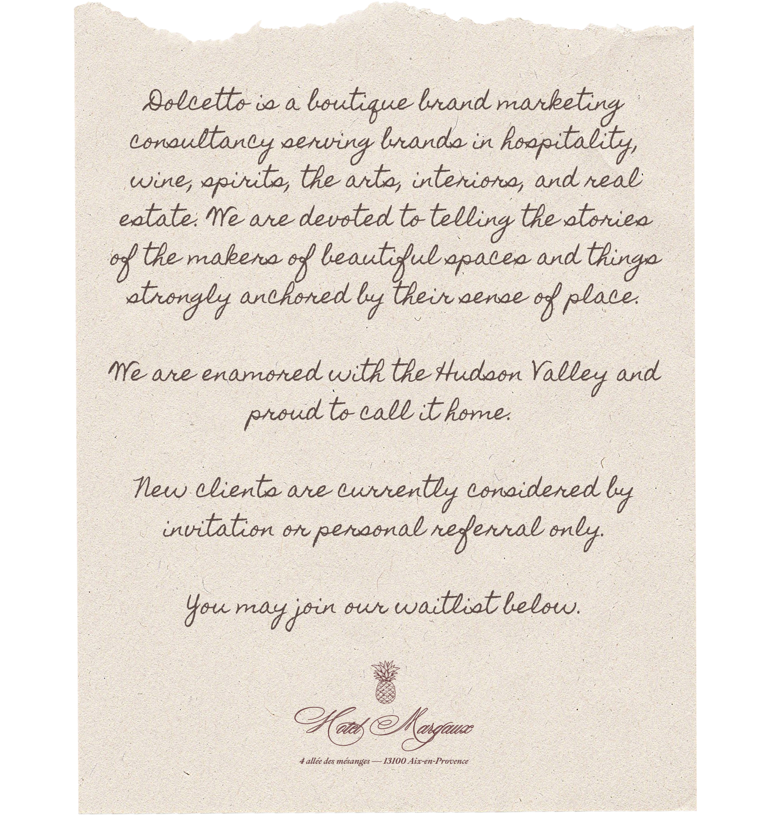 Dolcetto handwritten note — front side introducing the brand